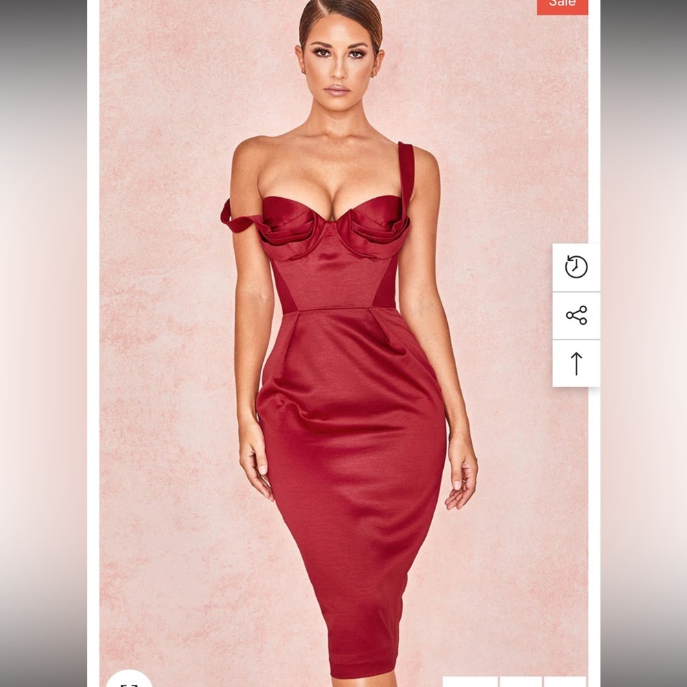 House of CB Charlotte Red Satin Midi Dress with Slit - Picture 3 of 10